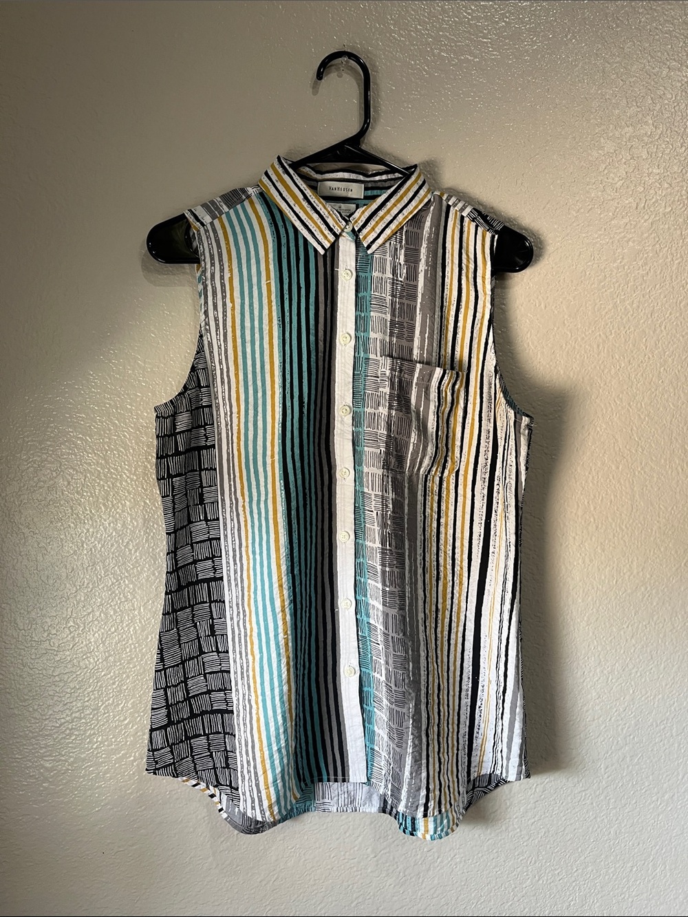 Van Heusen Striped Sleeveless Button-Down Shirt Teal, Yellow Black Sz M